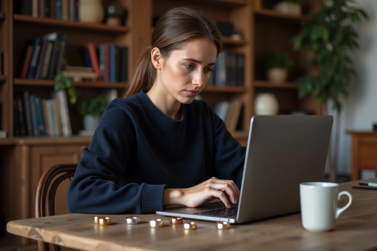 Femme comparant des bagues chevalières en différents métaux avant de commander en ligne