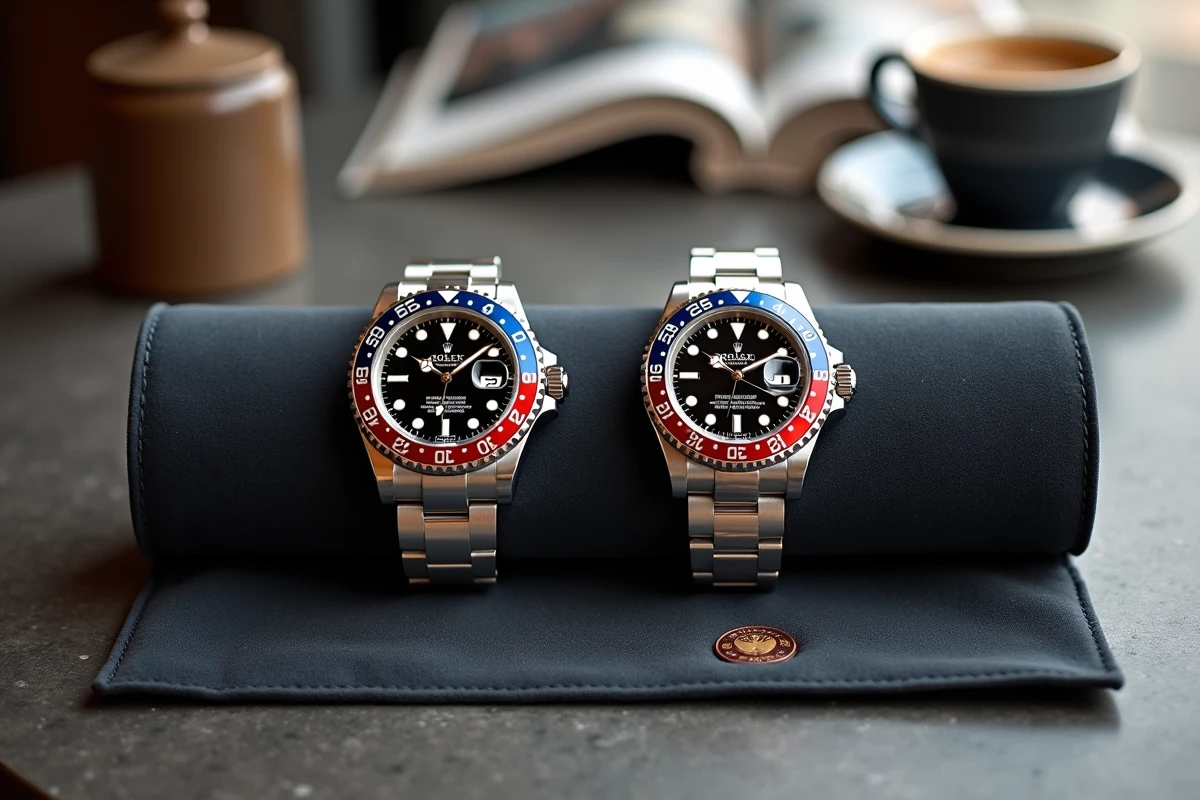 Comparaison Rolex GMT-Master II Batman et Pepsi côte à côte sur rouleau de montre en velours gris anthracite