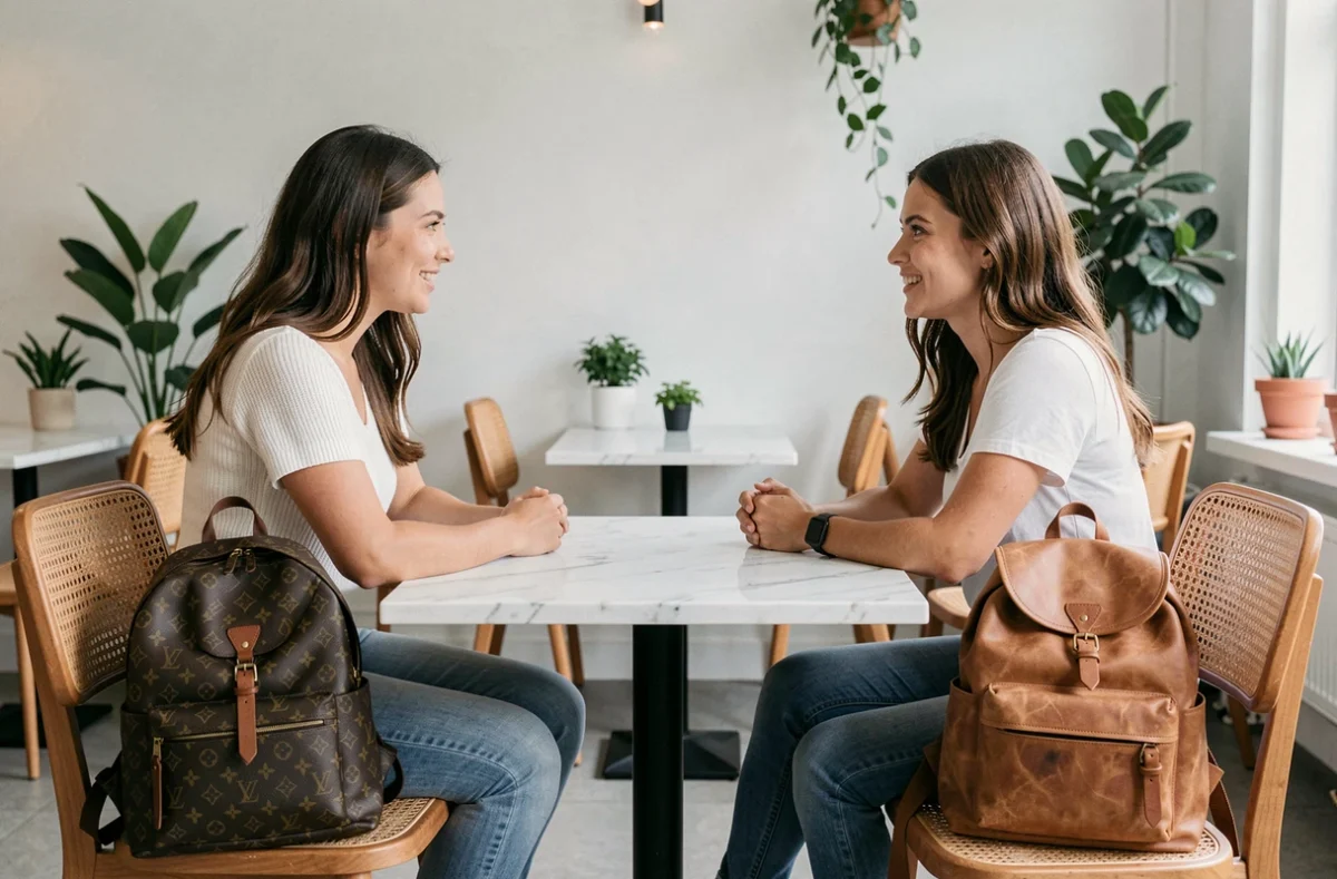 Deux femmes comparant un sac à dos de grande marque et un sac de créateur confidentiel dans un café moderne
