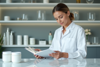 Cosmetologue en laboratoire examinant des produits de soin