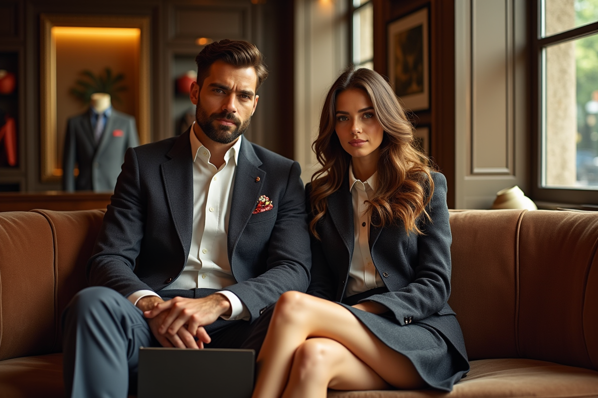 Homme et femme élégants dans une boutique de luxe avec accessoires