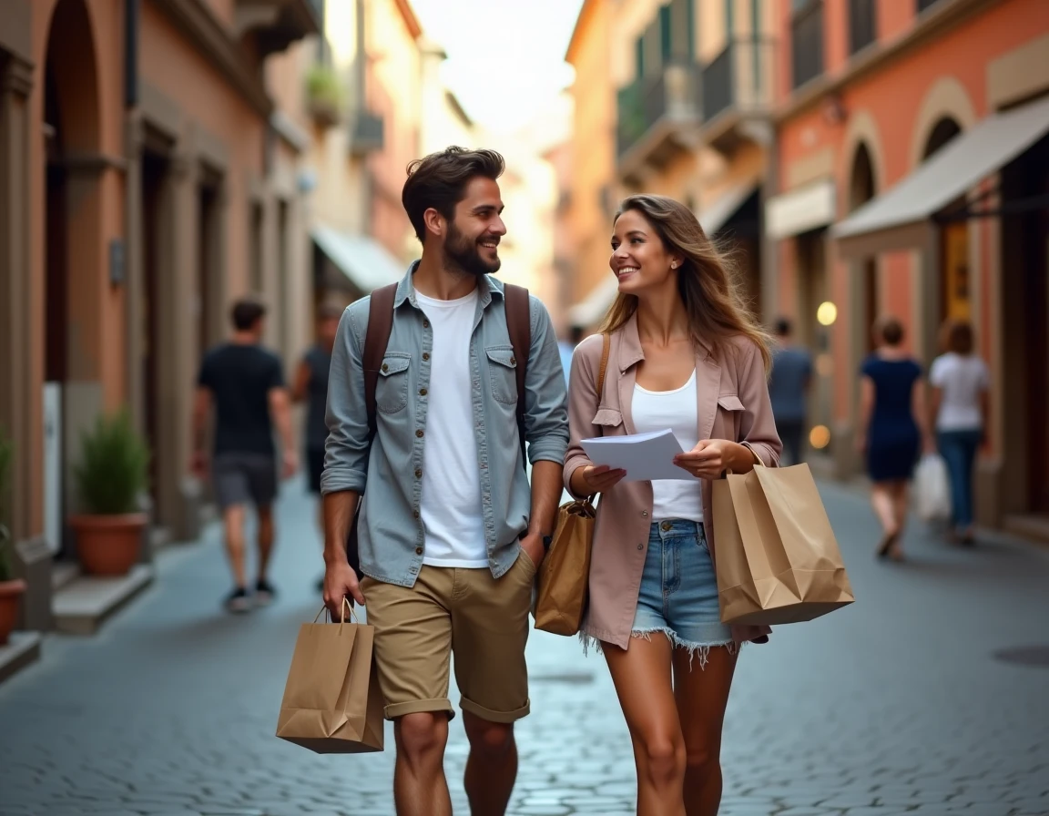 Couple faisant les soldes dans une rue commerçante de Rome lors de leur voyage en Italie en 2026