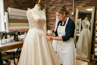 Couturière professionnelle épinglant l'ourlet d'une robe de mariée ivoire dans un atelier de retouches couture