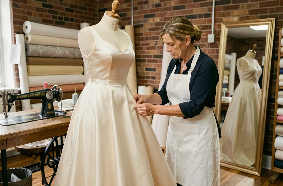 Couturière professionnelle épinglant l'ourlet d'une robe de mariée ivoire dans un atelier de retouches couture