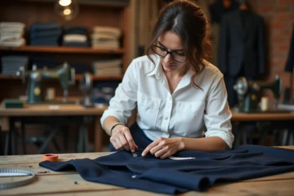 Couturière professionnelle en train de faire un ourlet pantalon à la main dans un atelier de tailleur artisanal
