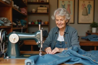 Seamstress réparant un jean délavé dans son atelier