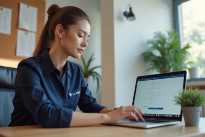 Employée de La Poste en uniforme créant un compte monespacehabillement sur un ordinateur portable au bureau
