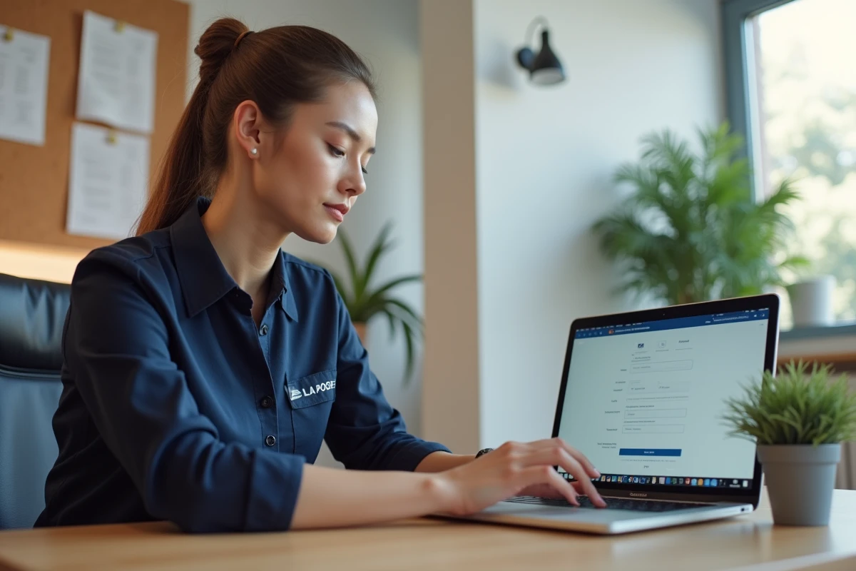 Employée de La Poste en uniforme créant un compte monespacehabillement sur un ordinateur portable au bureau