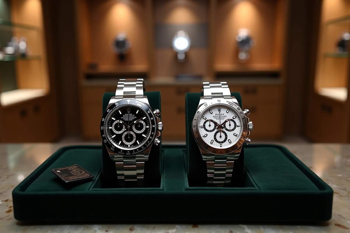Deux montres Rolex Daytona exposées côte à côte chez un revendeur de montres de luxe