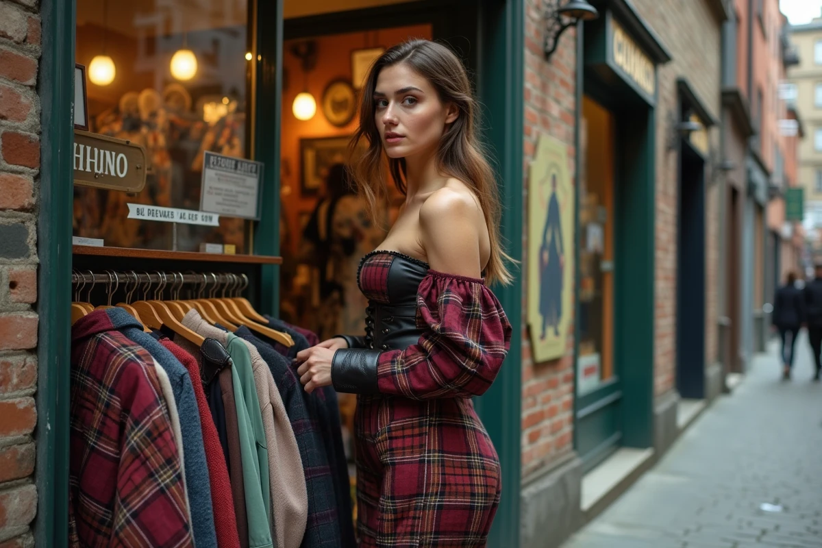 Jeune femme adoptant le style Vivienne Westwood avec un corset tartan et des bottines plateformes devant une boutique vintage