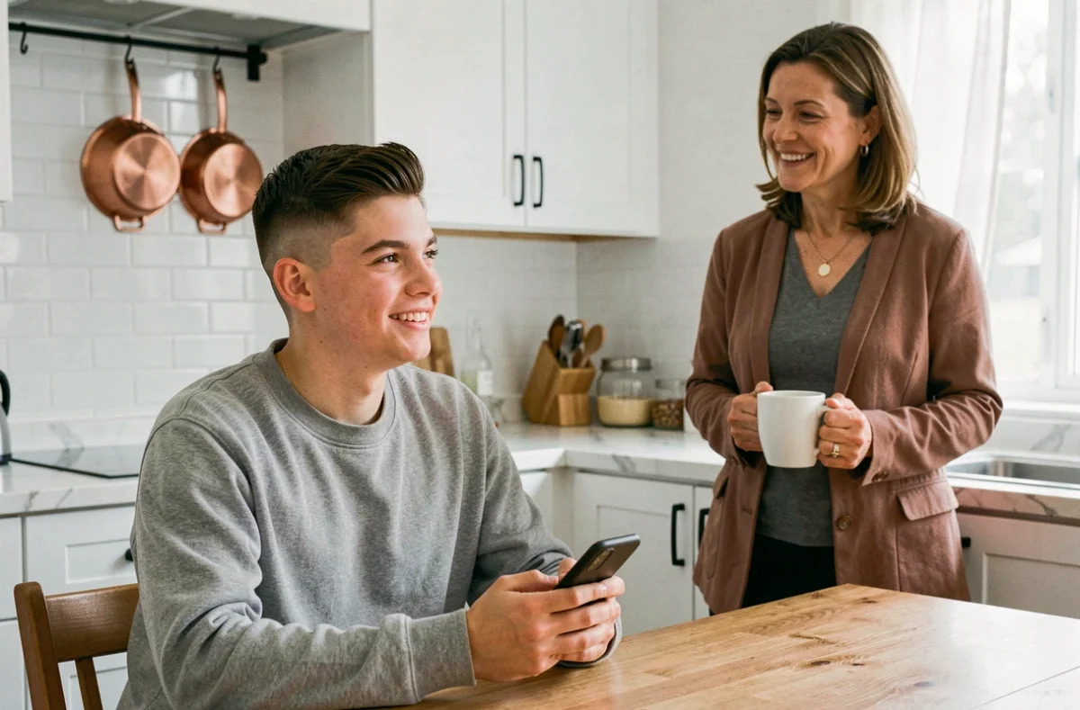 Adolescent arborant un dégradé espagnol à la maison en discussion avec sa mère dans la cuisine familiale