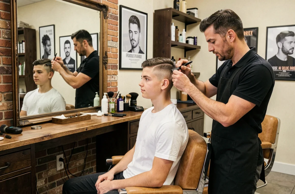 Adolescent de 16 ans se faisant réaliser un dégradé espagnol en salon de coiffure par un barbier professionnel