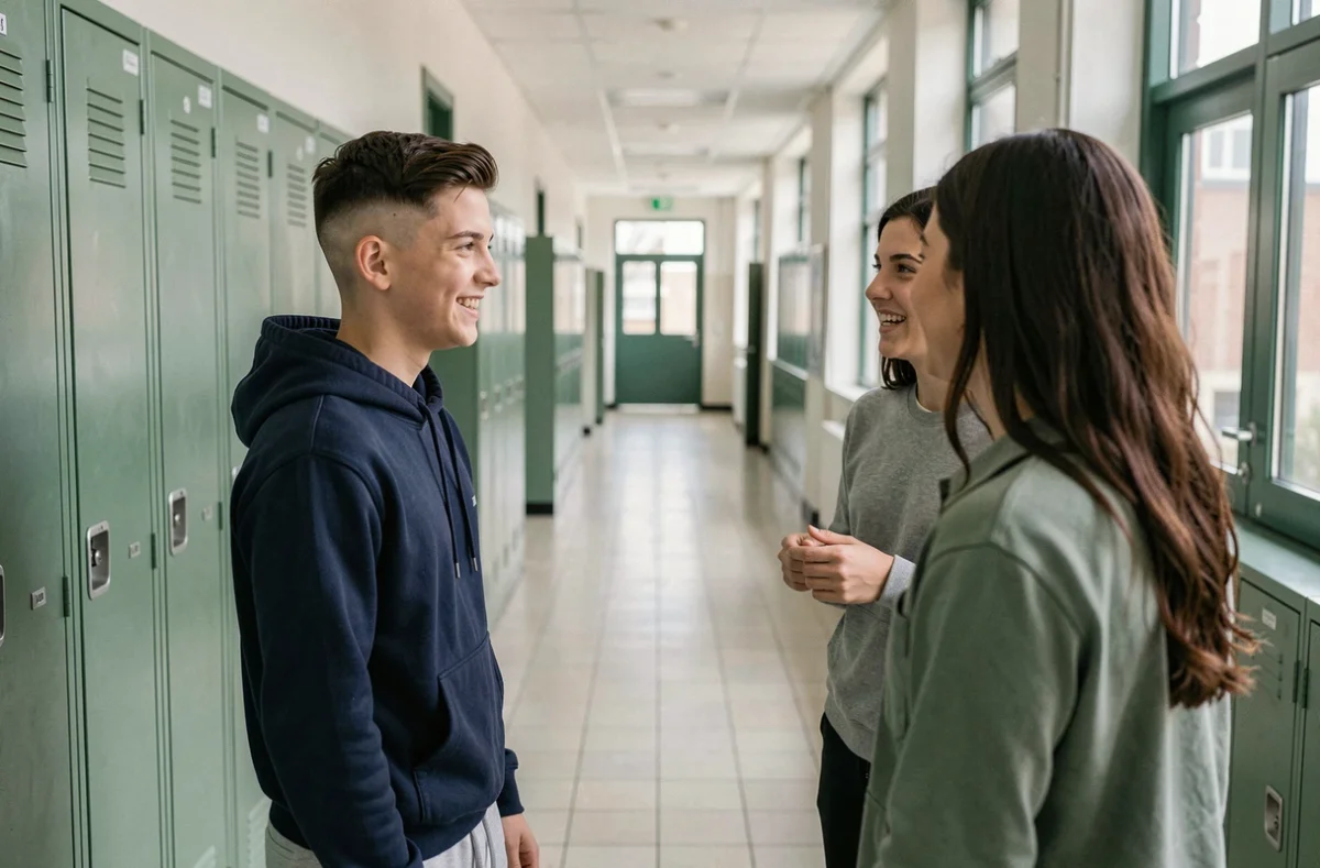 Adolescent avec dégradé espagnol dans un couloir scolaire discutant avec ses camarades de classe