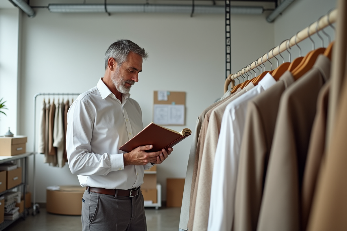 Designer mode homme inspectant des vêtements dans son studio