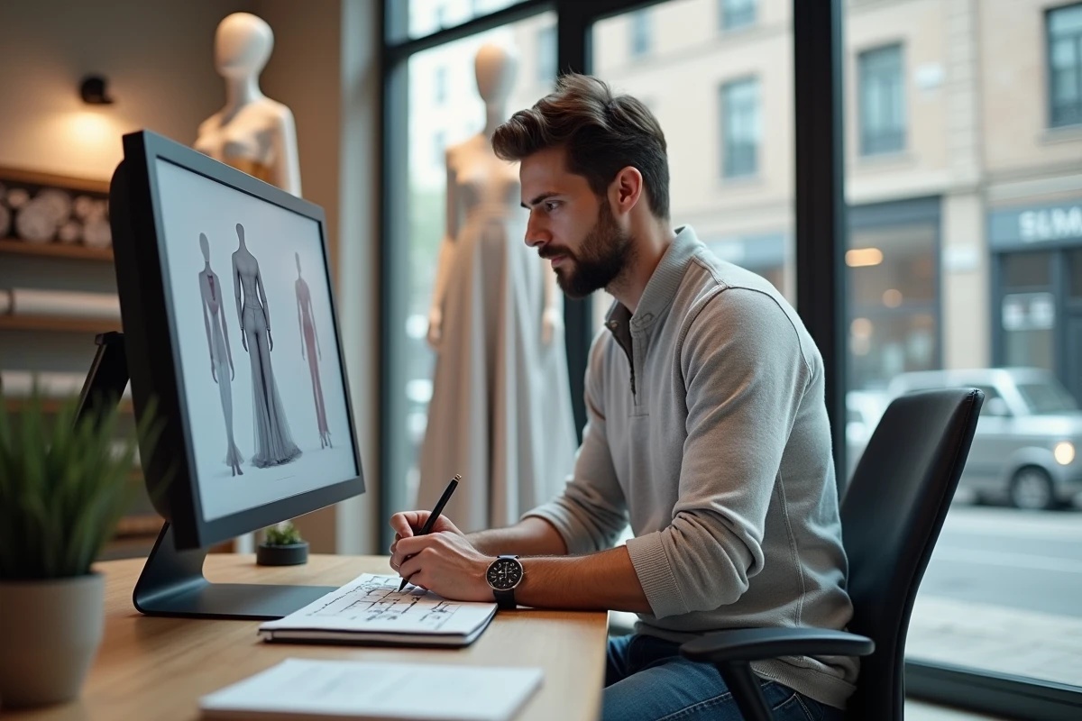 Designer mode homme esquissant dans un carnet avec un prototype 3D sur grand écran