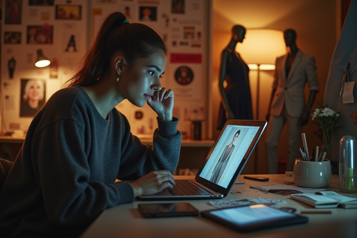 Jeune créateur de mode travaillant tard dans un studio