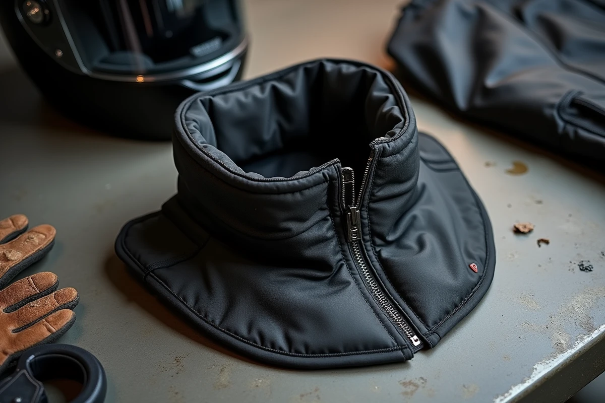 Col amovible pour veste moto posé sur un établi avec casque et gants, détail des matières et fixations
