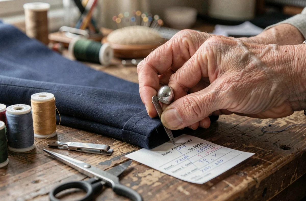 Mains de couturière expérimentée cousant un ourlet de pantalon avec une facture de tarifs de retouches visible sur l'établi