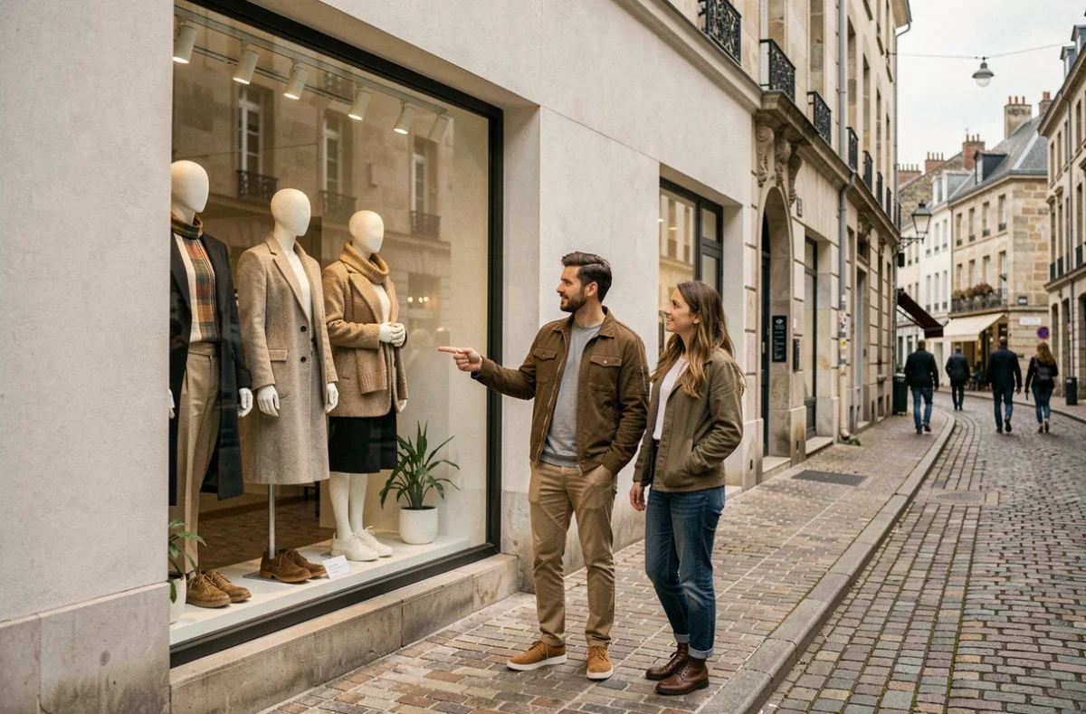 Devanture d'une boutique de mode contemporaine dans une rue piétonne de Nantes, avec deux jeunes adultes s'arrêtant devant la vitrine pour admirer les tenues exposées