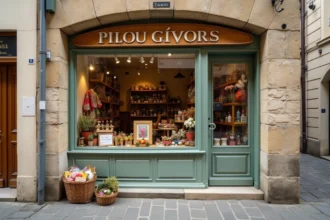 Devanture de la boutique Pilou Givors sur une rue pittoresque de Givors, avec une vitrine colorée et une enseigne en bois peint