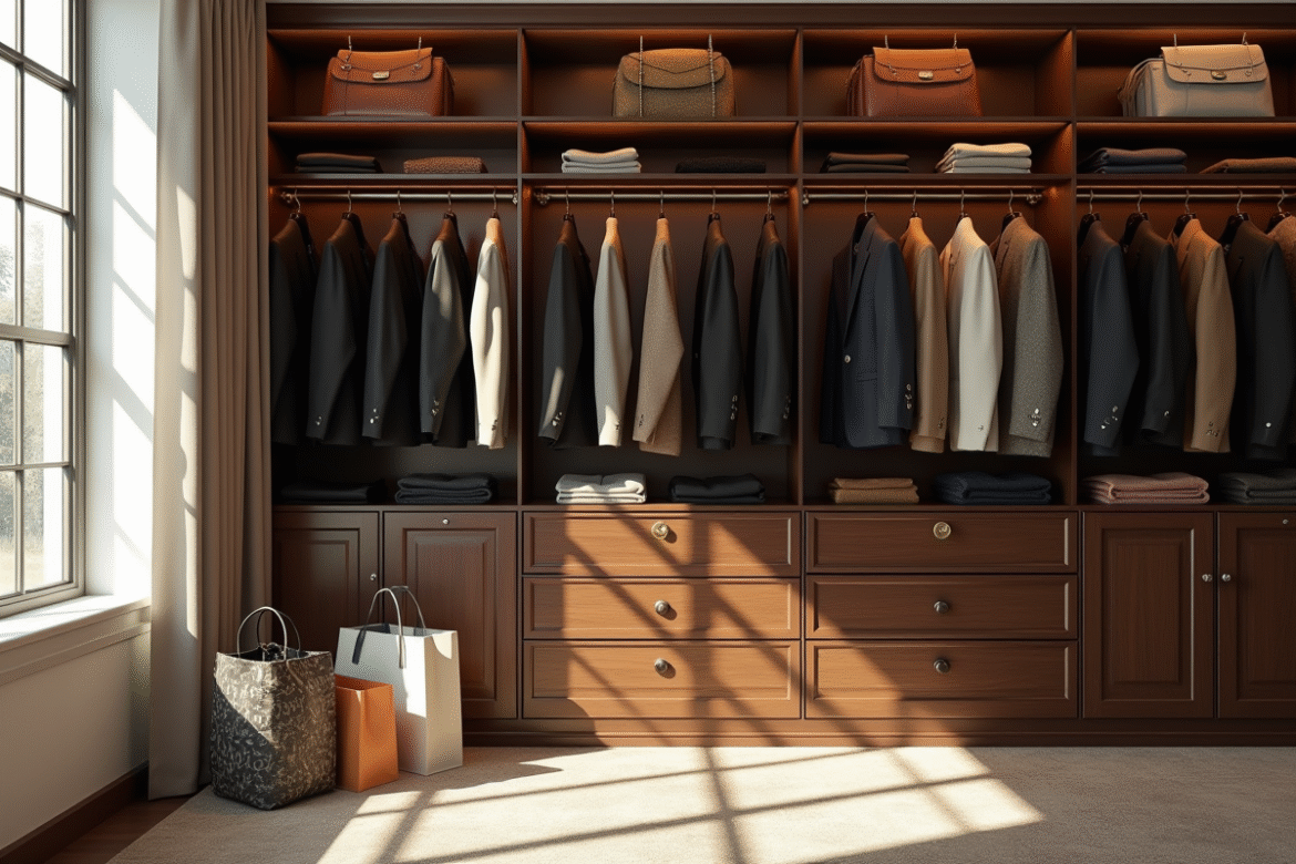 Dressing élégant avec vêtements de luxe et sacs haut de gamme
