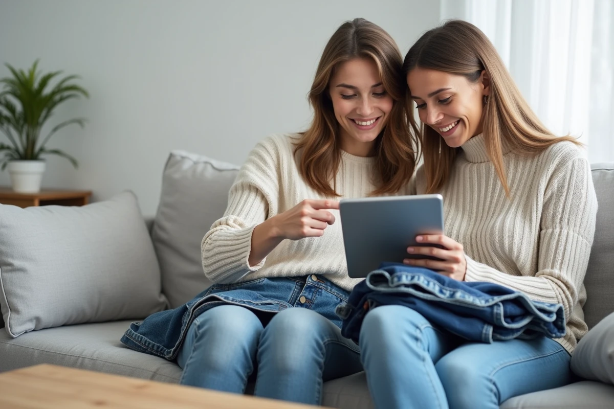 Deux femmes consultant des codes promo Vinted sur une tablette dans un salon moderne, avec des vêtements de seconde main posés sur le canapé, illustrant les astuces pour obtenir des frais de port gratuits