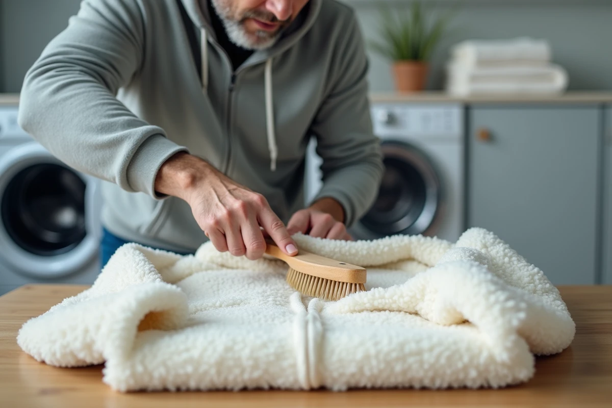 Homme utilisant un peigne à larges dents pour restaurer le moelleux d'un sweat à doublure sherpa blanc sur une table en bois