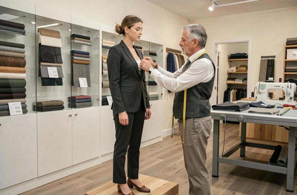 Cliente en essayage d'un blazer sur mesure dans un atelier de tailleur parisien avec affichage des tarifs de retouches