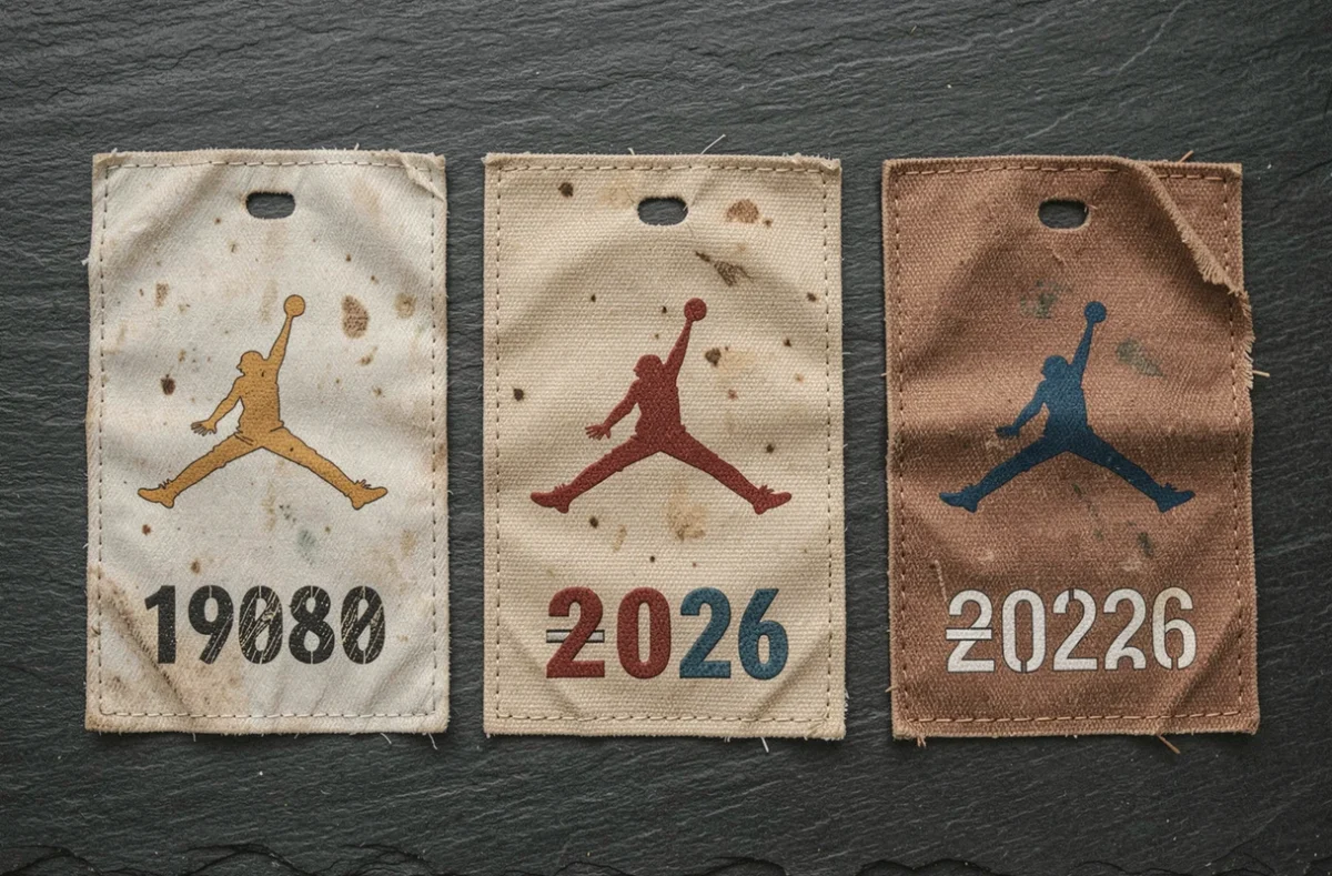 Étiquettes et semelles de chaussures Air Jordan de différentes époques illustrant l'évolution graphique du logo Jumpman