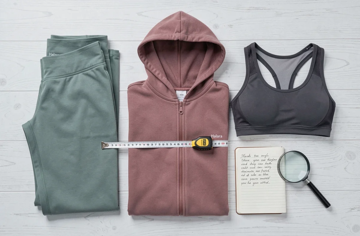 Plat posé de vêtements de sport Halara évalués pour qualité avec accessoires de mesure sur table en bois