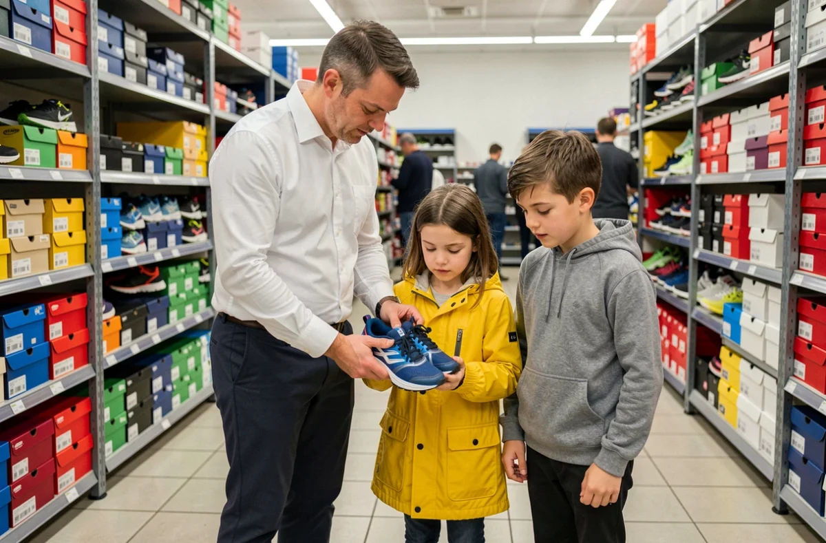 Père et deux enfants choisissant des chaussures de sport dans un magasin pour équiper la famille sans dépenser trop