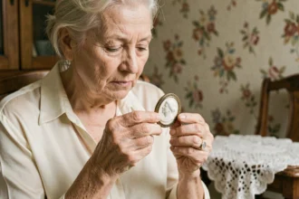 Femme âgée tenant avec tendresse un camée de famille en coquille gravée, symbole de transmission et d'héritage familial