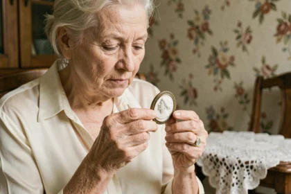 Femme âgée tenant avec tendresse un camée de famille en coquille gravée, symbole de transmission et d'héritage familial