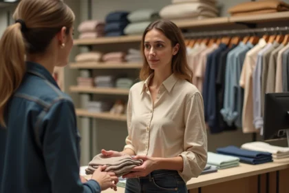 Femme en magasin tenant un vêtement avec antivol encore attaché au comptoir du service client