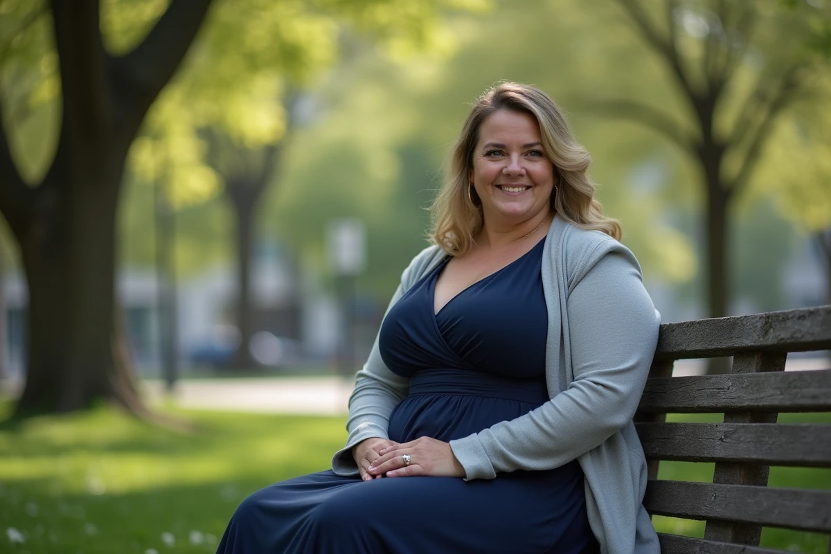 Femme en robe bleue assise dans un parc urbain