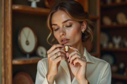 Femme tenant une bague camée vintage dans une boutique d'antiquités, admirant la signification symbolique du bijou