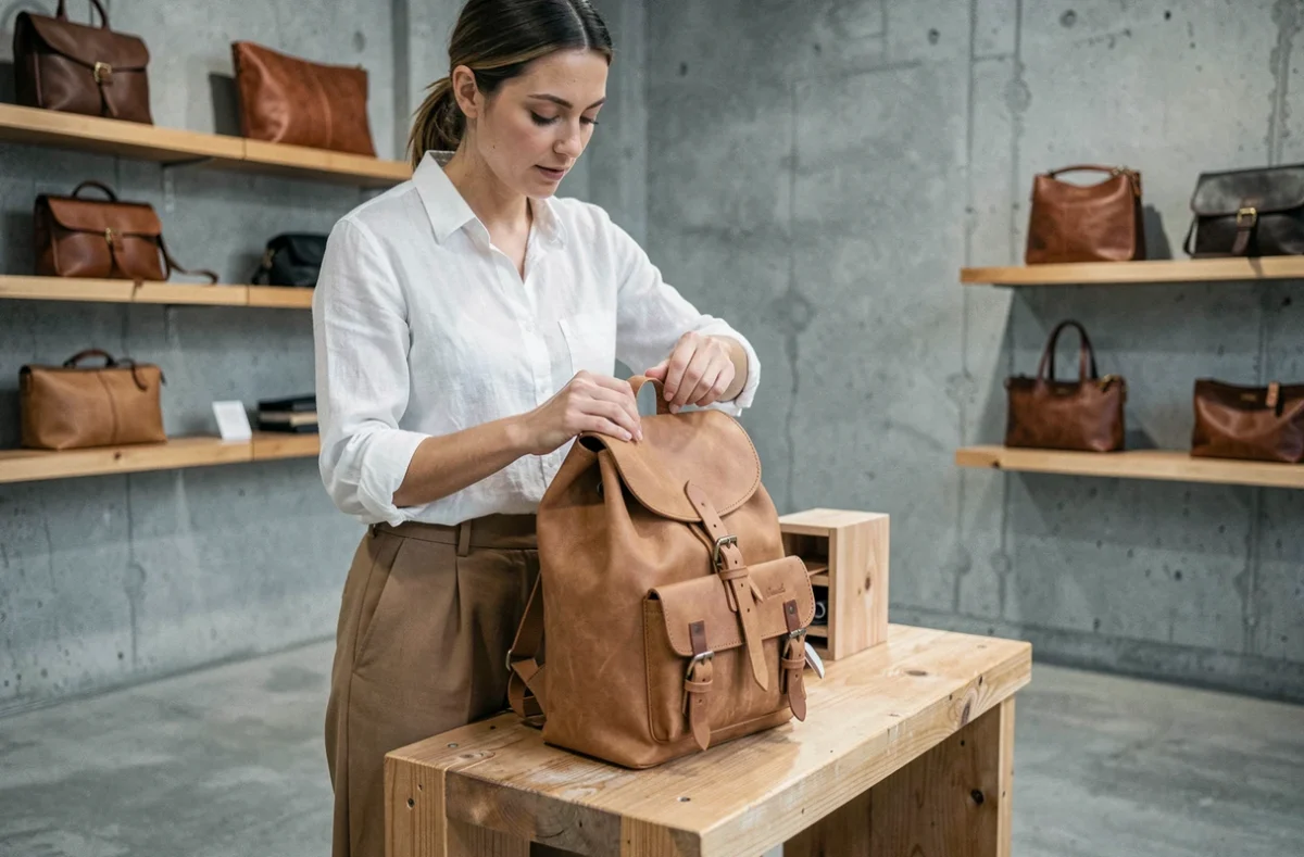 Femme inspectant un sac à dos artisanal en cuir végétal dans une boutique de créateur confidentiel
