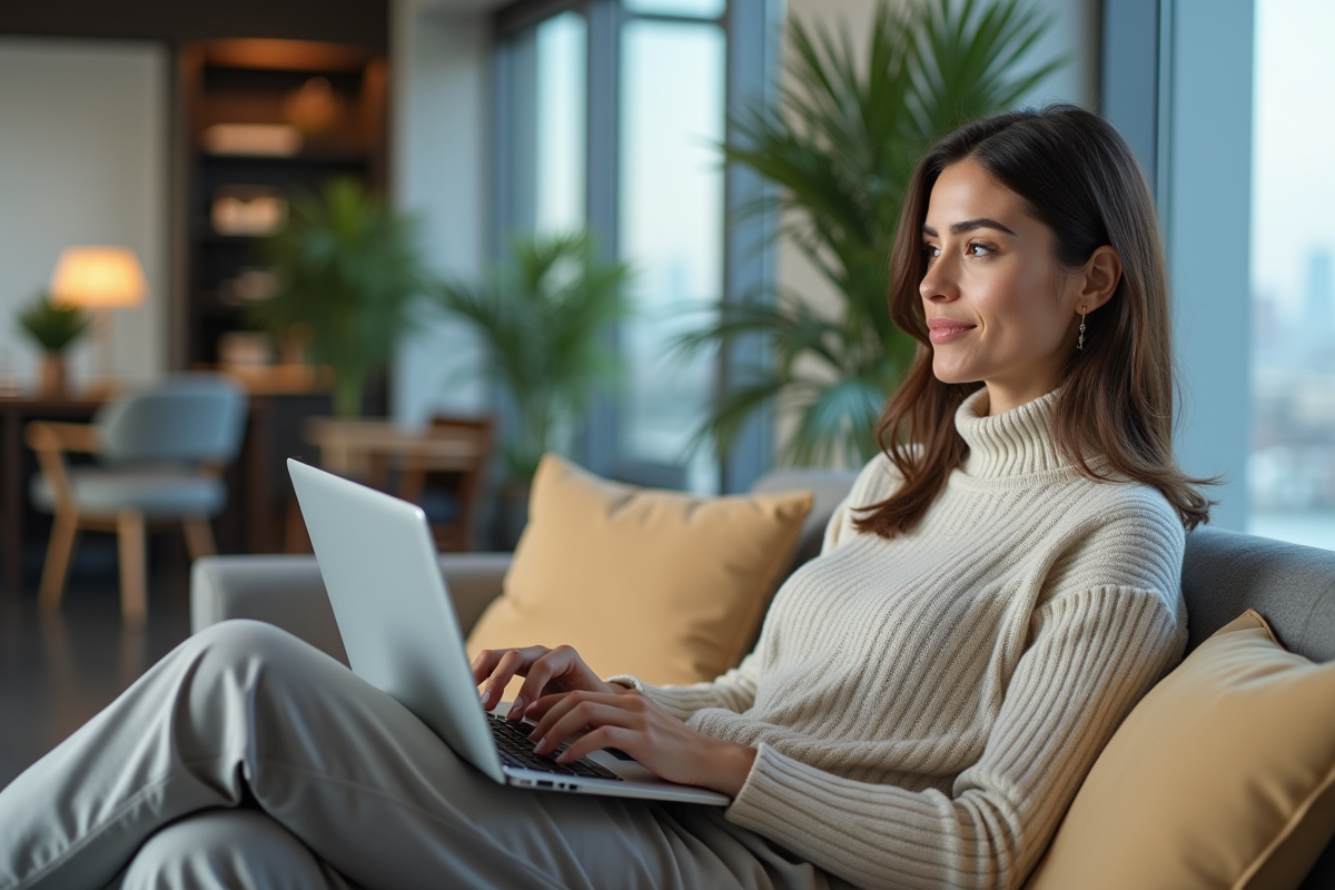 Femme en espace détente travaillant sur son ordinateur portable