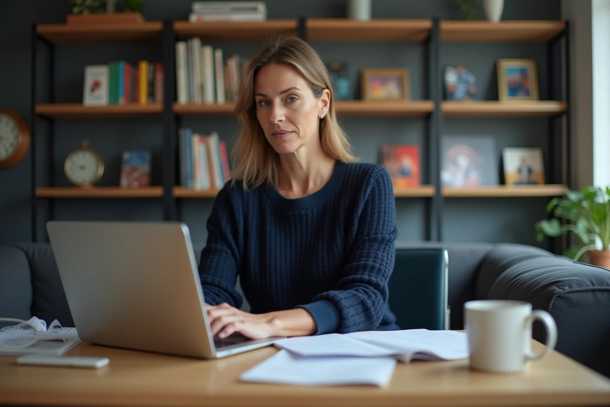 Femme concentrée travaillant sur son ordinateur dans un appartement