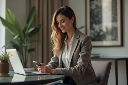 Femme élégante au bureau moderne avec smartphone
