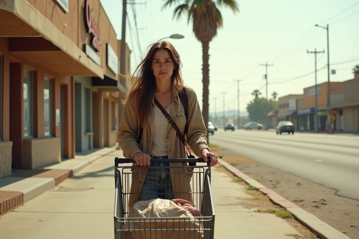 Femme poussant un caddie dans une rue de Los Angeles, évoquant la vie à la rue et la descente sociale progressive
