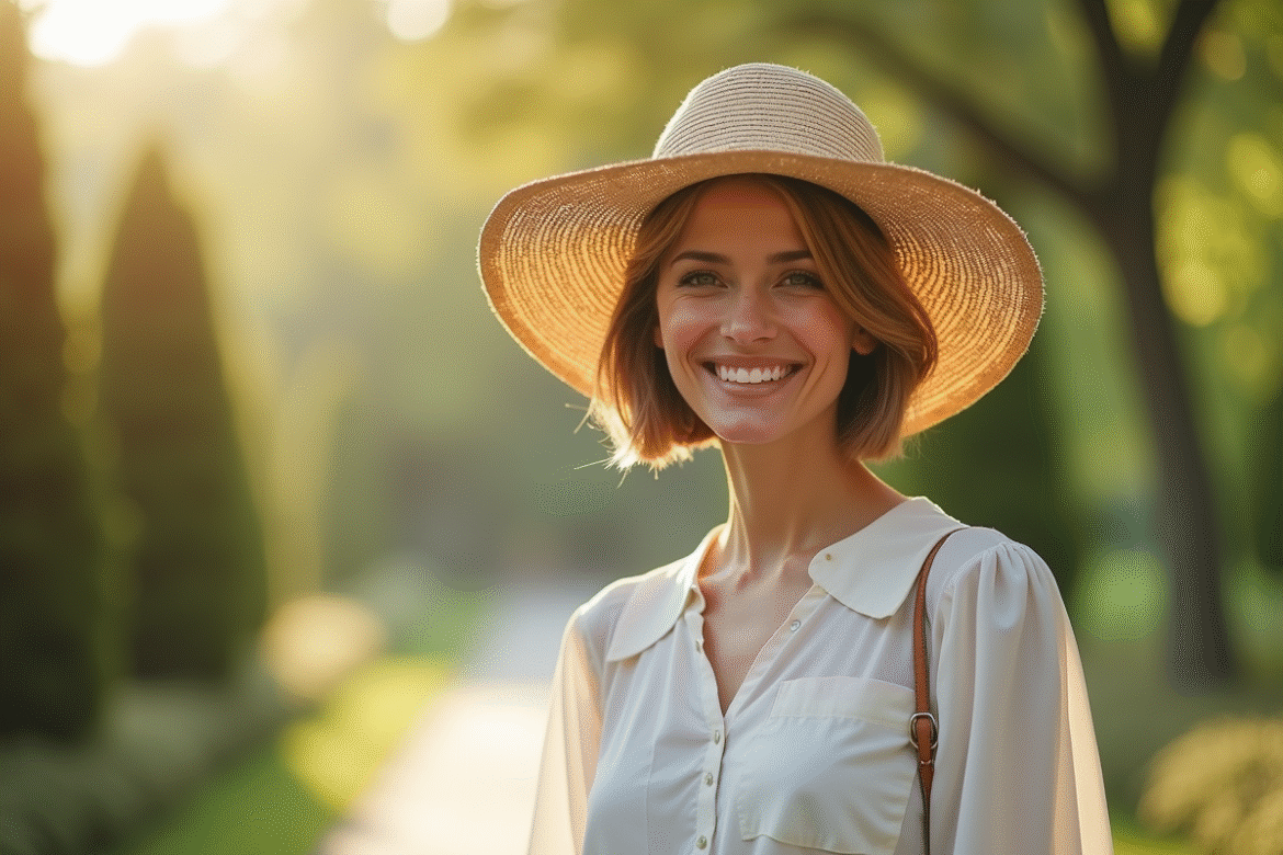 Femme élégante avec chapeau de paille en extérieur
