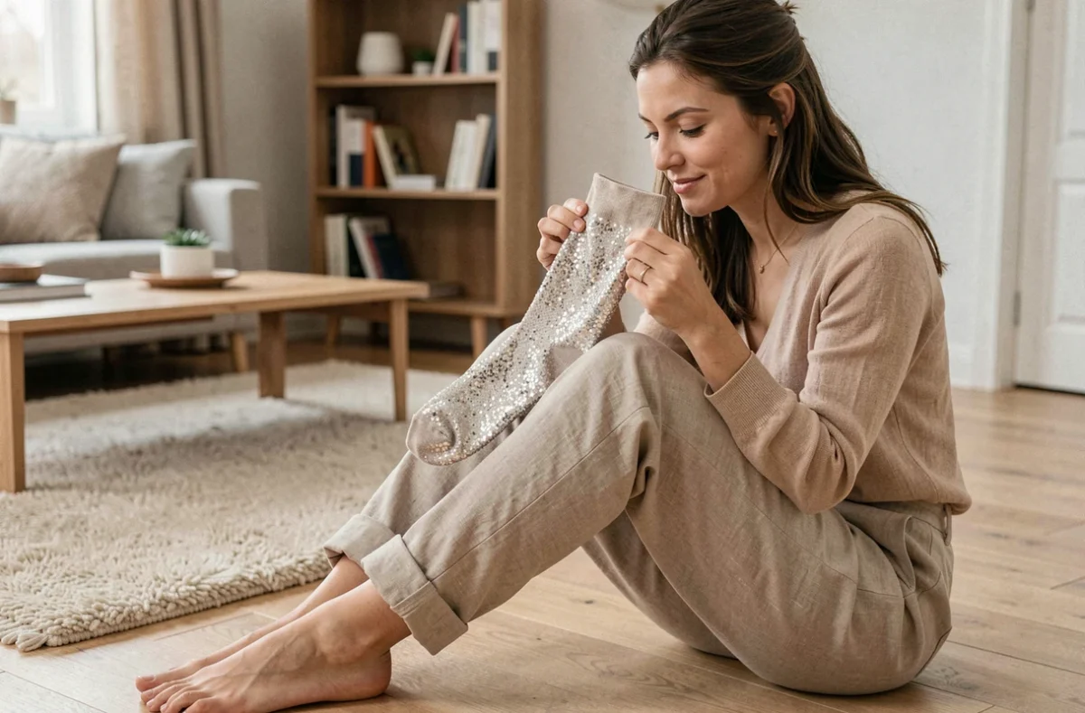 Femme examinant des chaussettes paillettes dans un salon scandinave, vérifiant la qualité du tissu