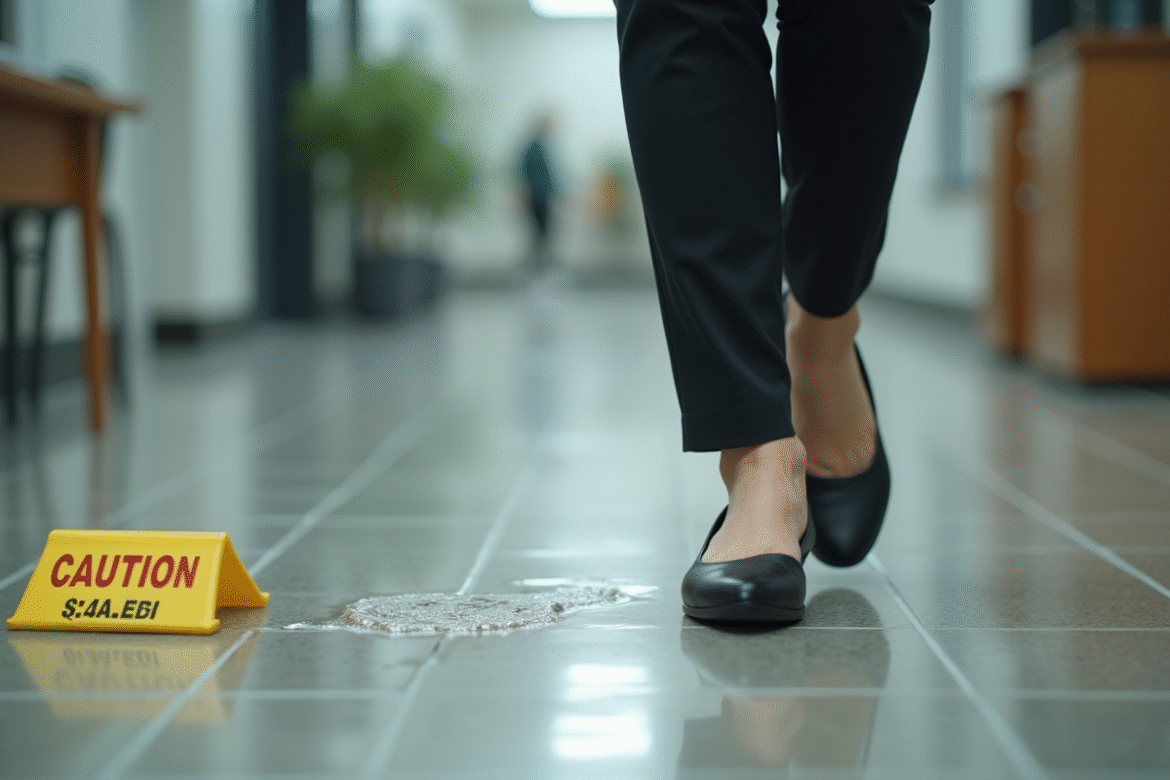 Femme en tenue d'affaires testant ses chaussures antidérapantes sur un sol mouillé