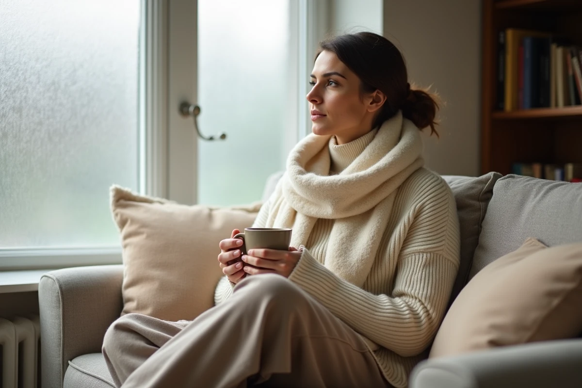 Femme assise en intérieur enroulée dans un grand cheche cachemire blanc cassé, tenant une tasse chaude, ambiance cocooning hivernale douillette