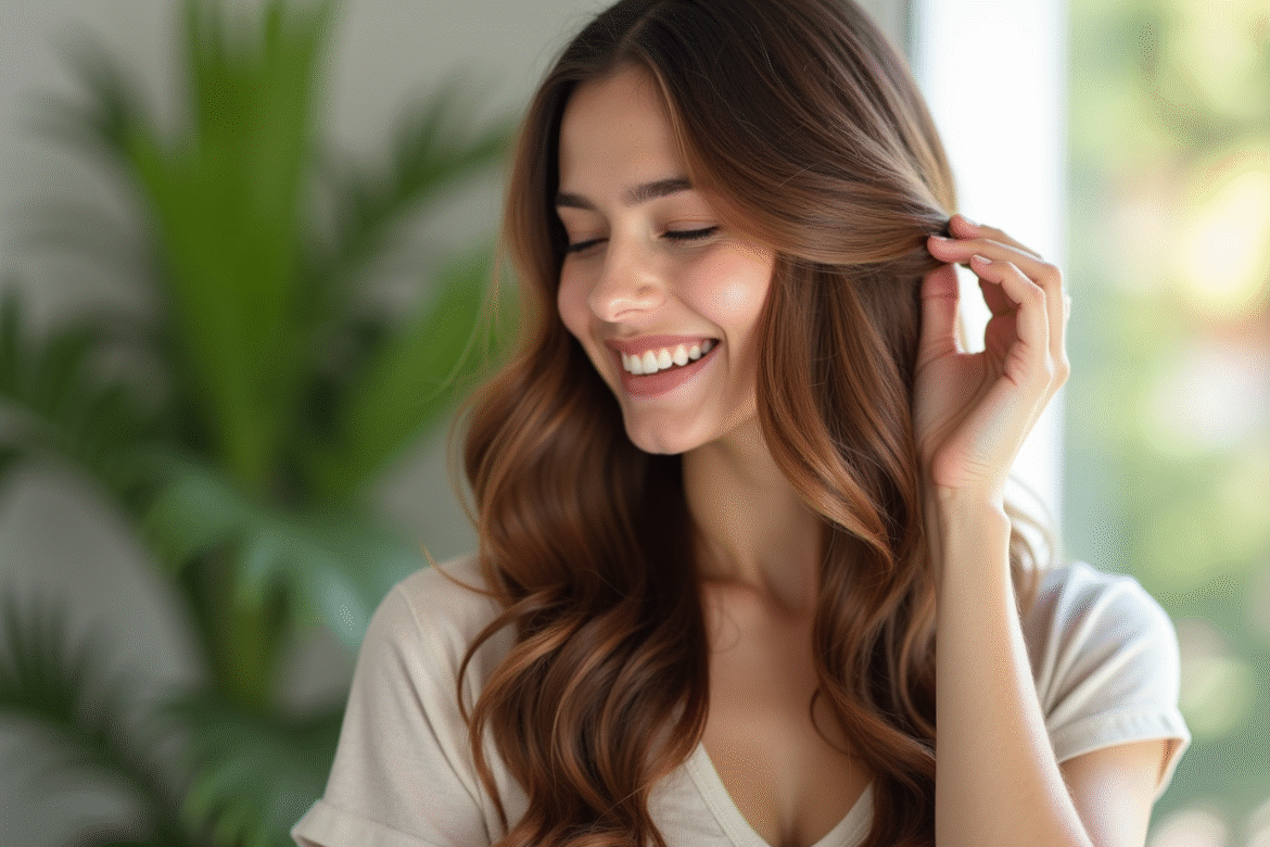Femme souriante touchant ses cheveux brillants près d'une fenêtre