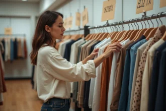 Femme inspectant une étiquette de prix sur un vêtement lors d'un déstockage en magasin de mode