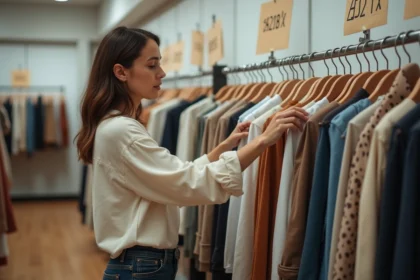 Femme inspectant une étiquette de prix sur un vêtement lors d'un déstockage en magasin de mode