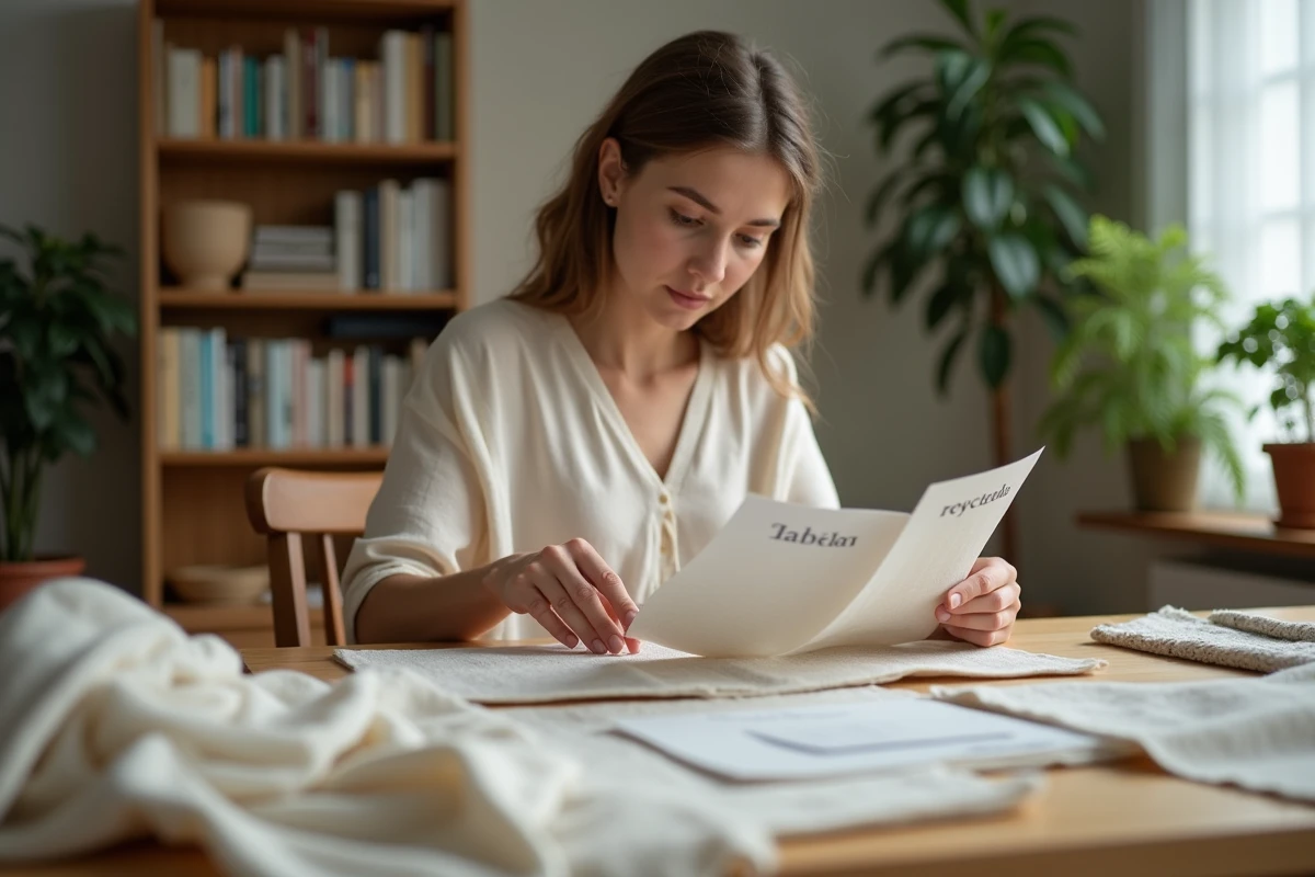 Jeune femme examine des échantillons de coton chez elle
