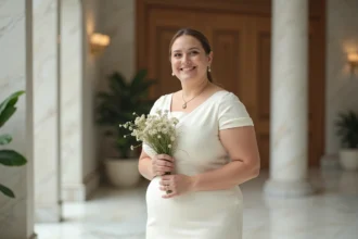 Femme souriante en robe ivoire élégante dans un hall moderne